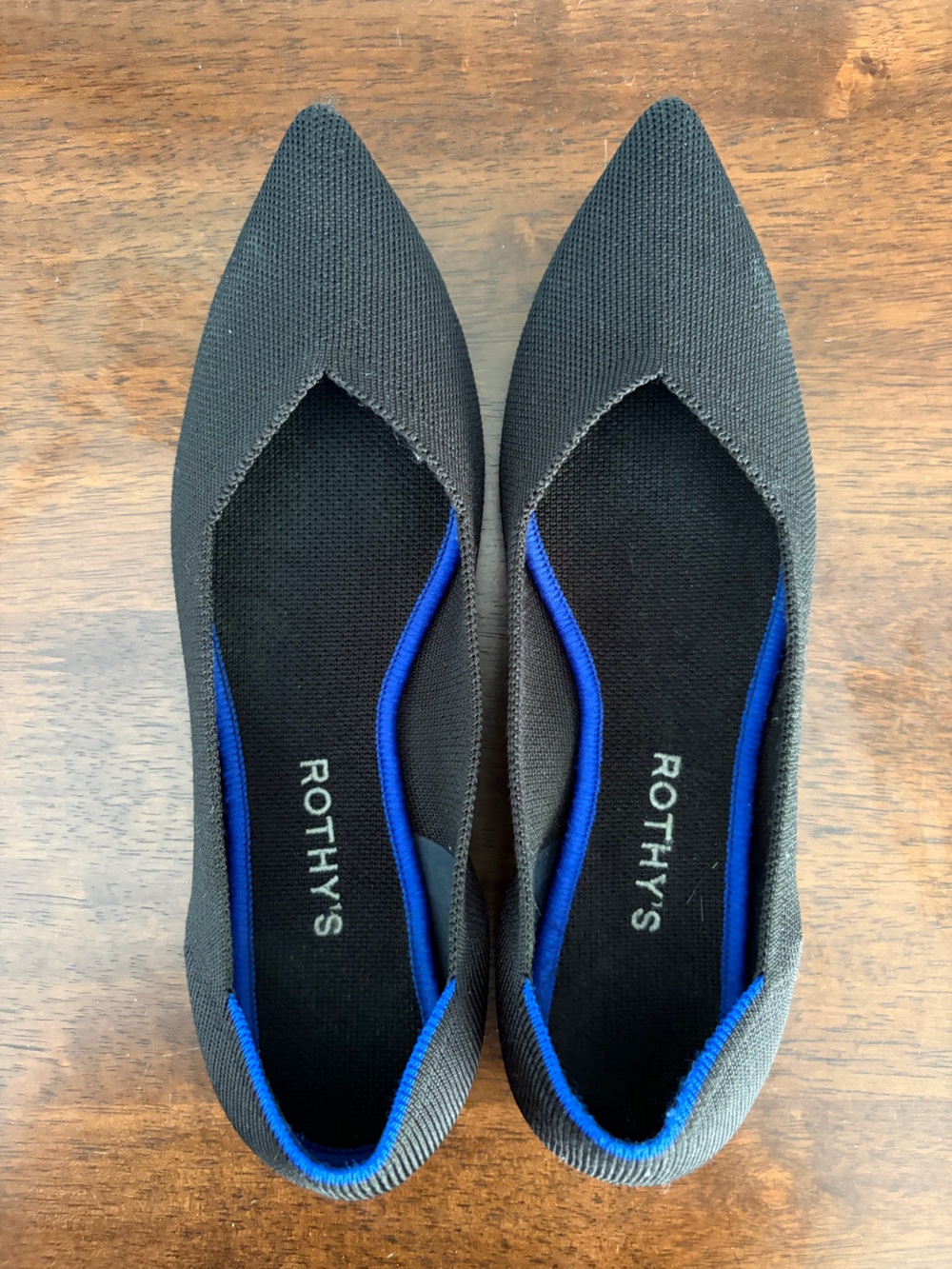 Rothy's Black Pointed Knit Flats with Blue Trim